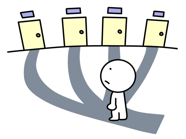 選択肢の前で悩んで立ち止まる棒人間のイラスト。どの対応を選ぶか迷っている様子